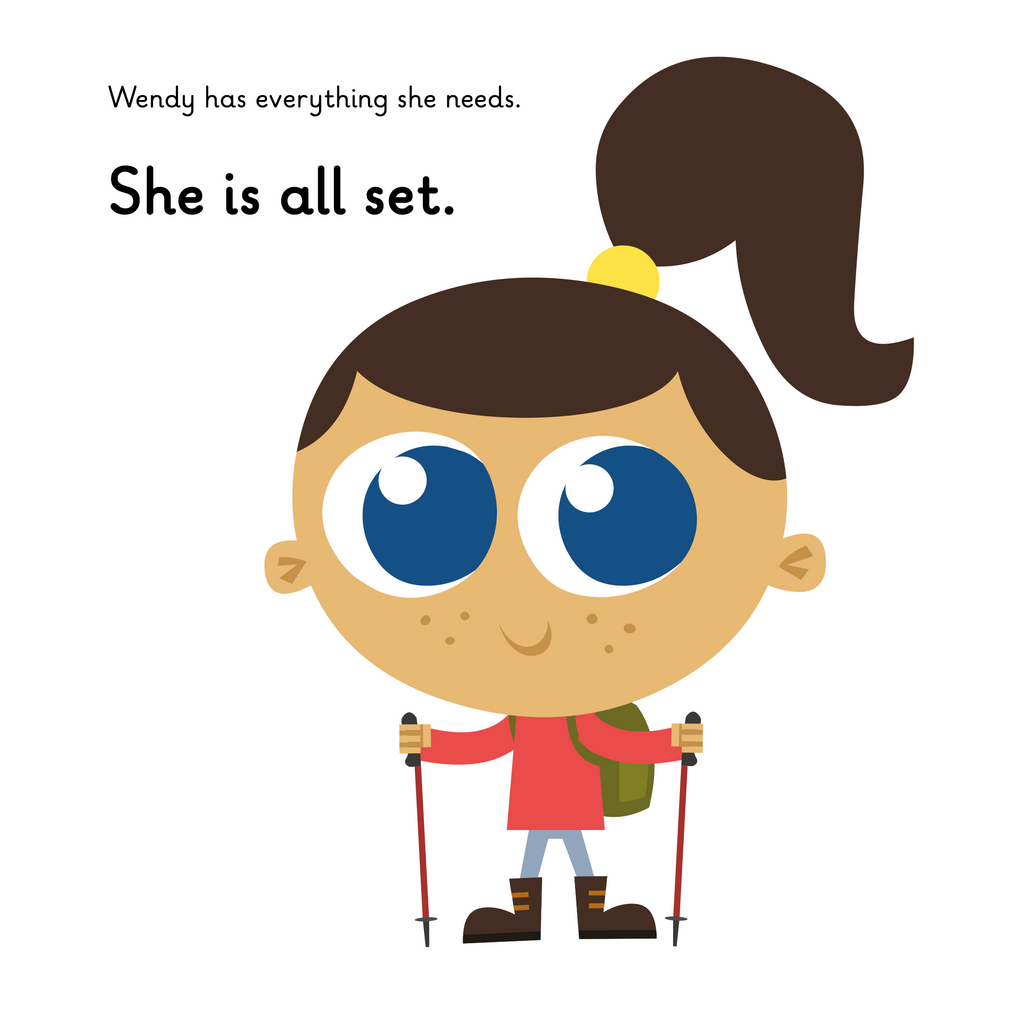 Learn phonics with Actiphons Walking Wendy reading book page 3 Walking Wending is wearing her walking books and rucksack, holding her walking sticks wearing her red jumper 