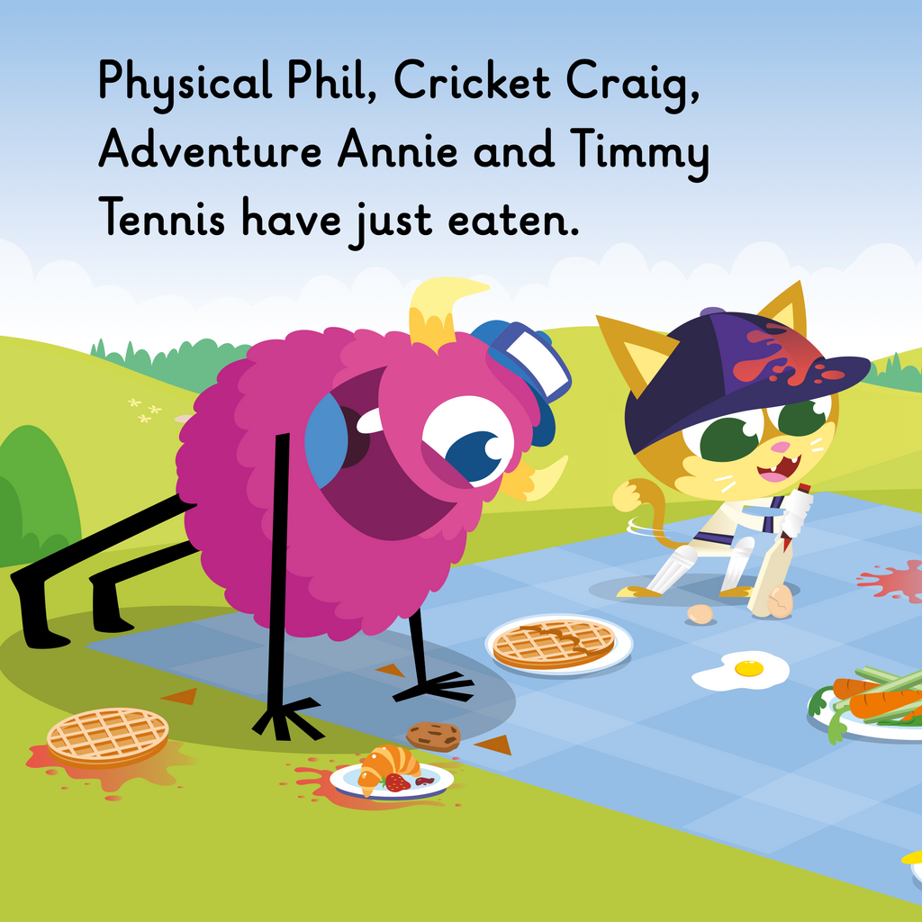 Learn phonics with Actiphons Whirlwind Whitney reading book page 1  Physical Phil is doing a press up and Cricket Craig is practising his cricket skills after they have had a picnic