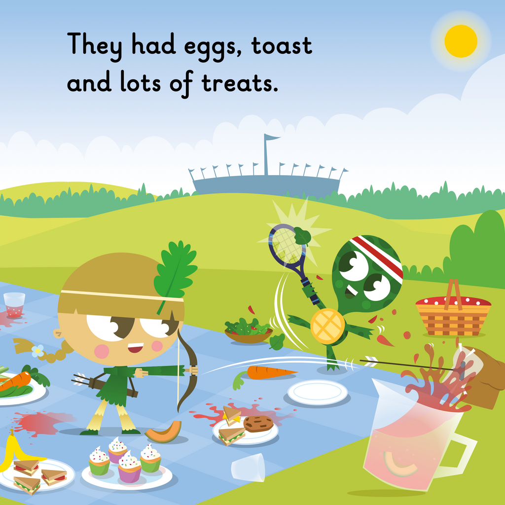 Learn phonics with Actiphons Whirlwind Whitney reading book page 2 Adventure Annie and Timmy Tennis are having a picnic outside the Active Arena with cakes, sandwiches and drinks