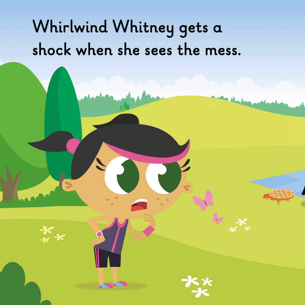 Learn phonics with Actiphons Whirlwind Whitney reading book page 3 Whirlwind Whitney has been for a run and sees a huge mess from a picnic 