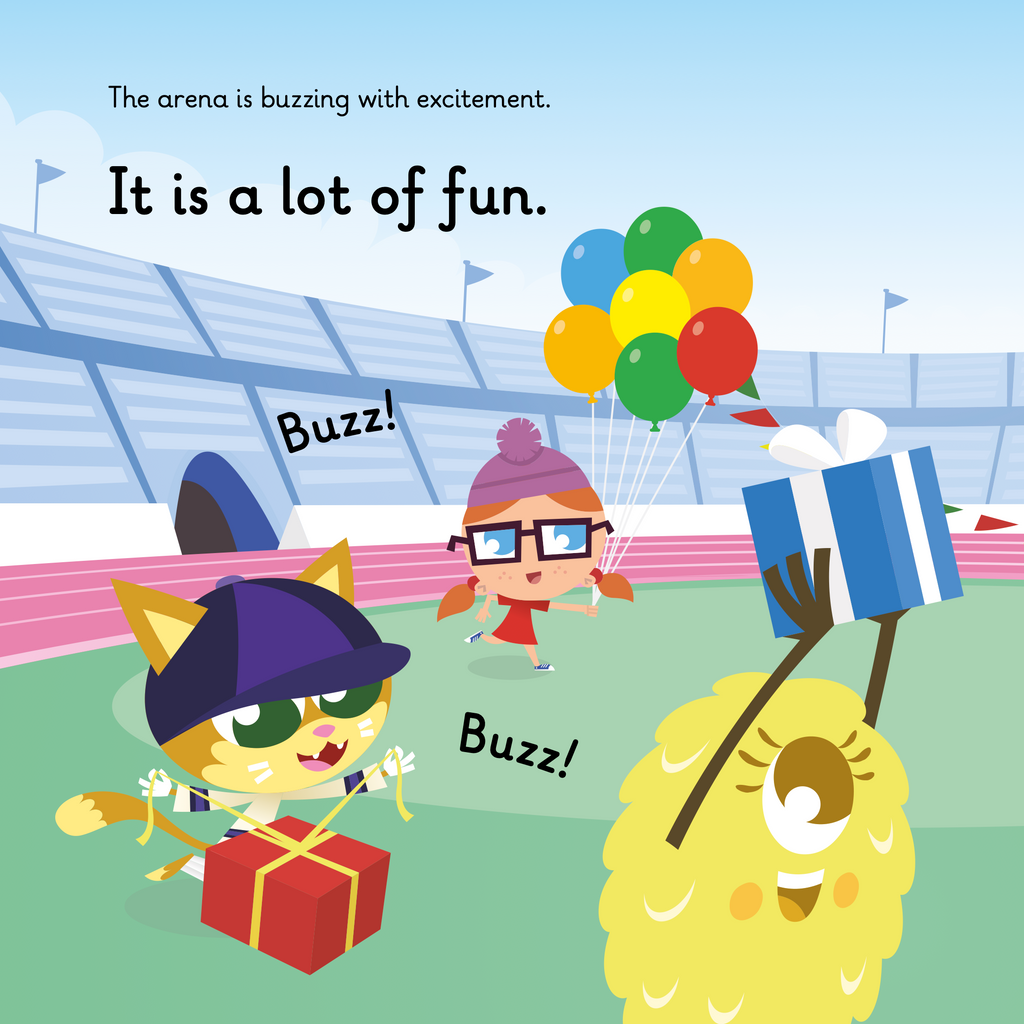 Learn phonics with Actiphons Whizzing Fizz reading book page 1 Cricket Craig, Incredible Isabelle and Netball Nelly are preparing for a birthday surprise wrapping presents and blowing balloons up