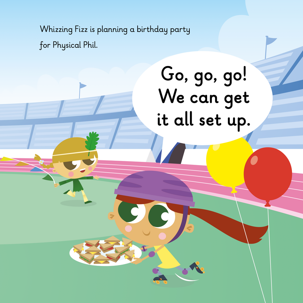 Learn phonics with Actiphons Whizzing Fizz reading book page 2 Whizzing Fizz is planning a surprise party for Physical Phil making some sandwiches and blowing up some balloons inside the Active Arena