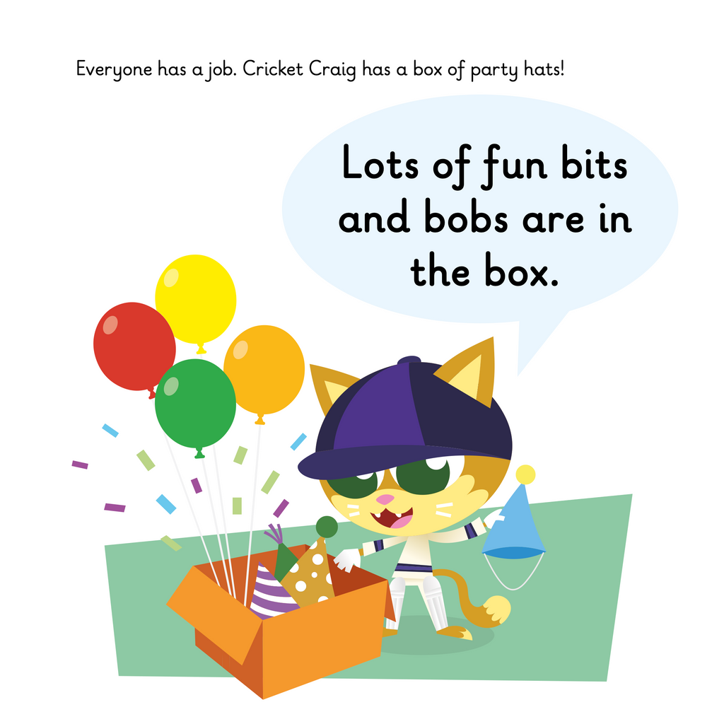 Learn phonics with Actiphons Whizzing Fizz reading book page 3 Cricket Craig is packing a box with party hats, balloons and surprises for Physical Phil's birthday party