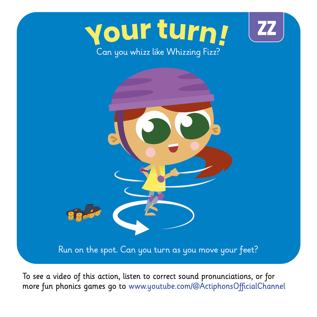 Learn phonics with Actiphons Whizzing Fizz 'zz' sound reading book Your Turn page showing children how to run on the spot turning as you move your feet like Whizzing Fizz