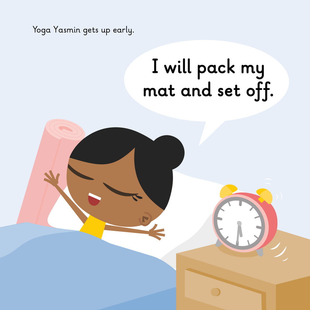 Learn phonics with Actiphons Yoga Yasmin reading book page 1  Yoga Yasmin is woken up by her pink alarm clock next to her bed