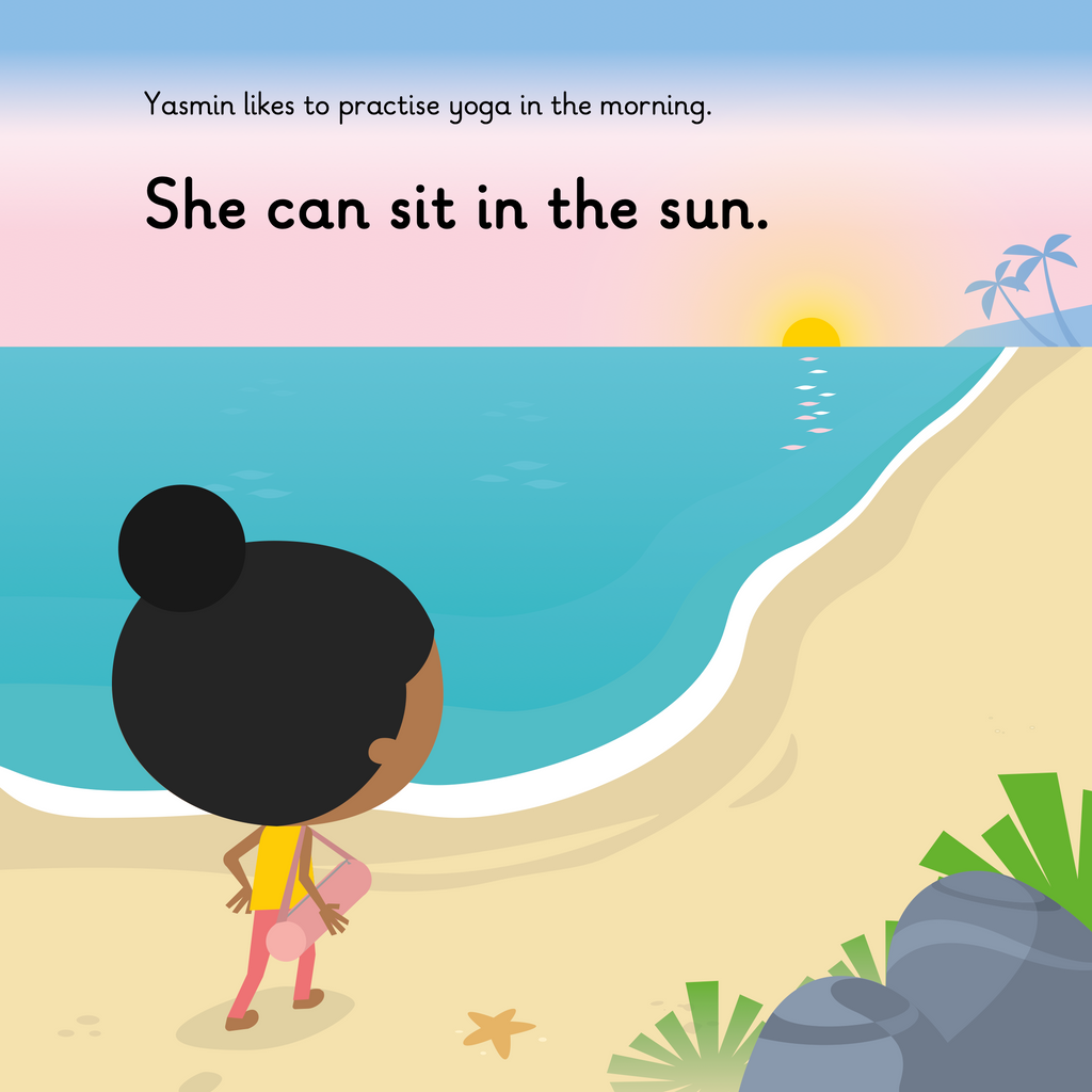 Learn phonics with Actiphons Yoga Yasmin reading book page 2 Yoga Yasmin is taking a walk along the beach with the sun setting in the distance