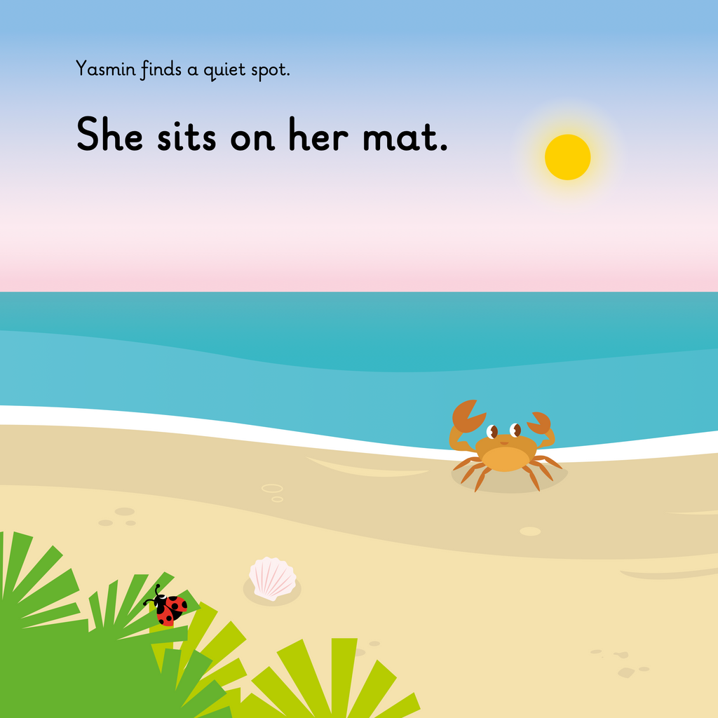 Learn phonics with Actiphons Yoga Yasmin reading book page 3 Yoga Yasmin is trying to find a quiet spot on the beach but comes across a crab and a ladybird