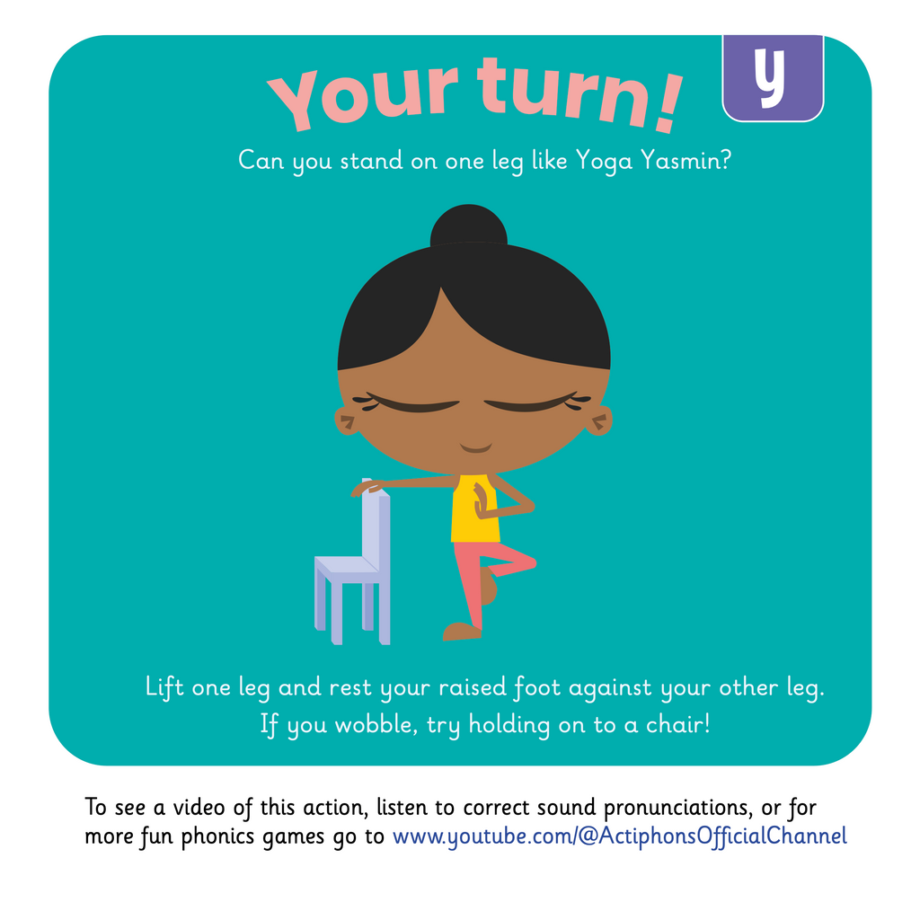 Learn phonics with Actiphons Yoga Yasmin 'y' sound reading book Your Turn page showing children how to lift one leg and rest your raised foot against your other leg like Yoga Yasmin