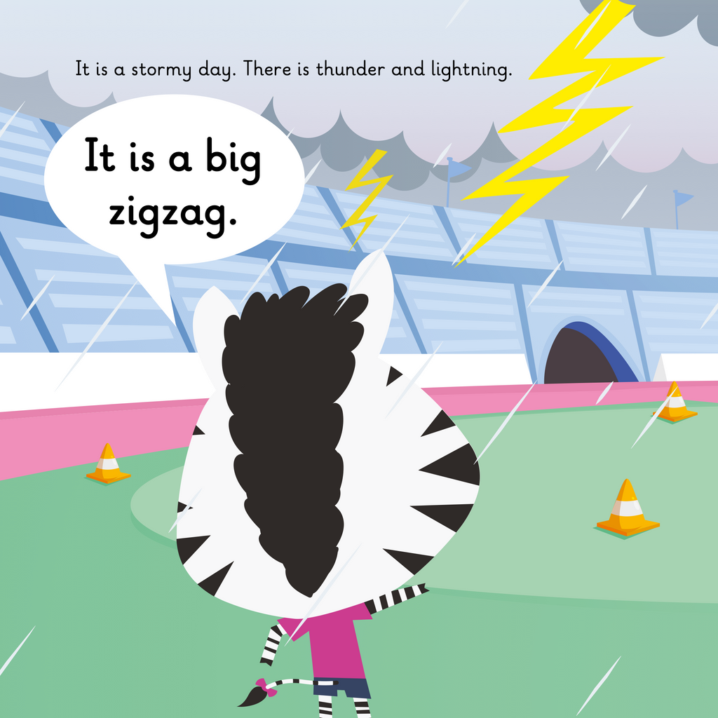 Learn phonics with Actiphons Zigzag Zara reading book page 1 Zigzag Zara is in the Active Arena and it is thundering and lightening