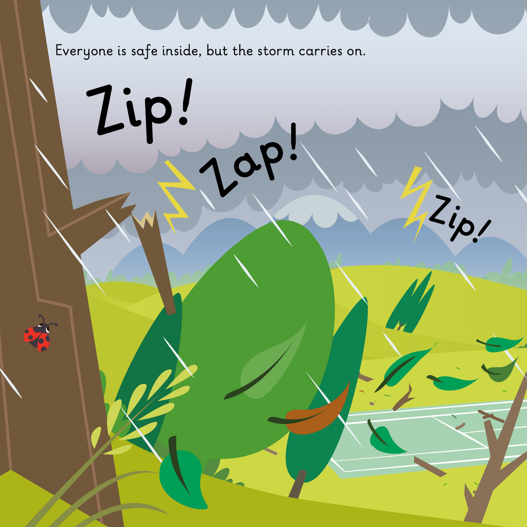 Learn phonics with Actiphons Zigzag Zara reading book page 3 the thunder and lightening are breaking branches and blowing leaves off the trees near the tennis court