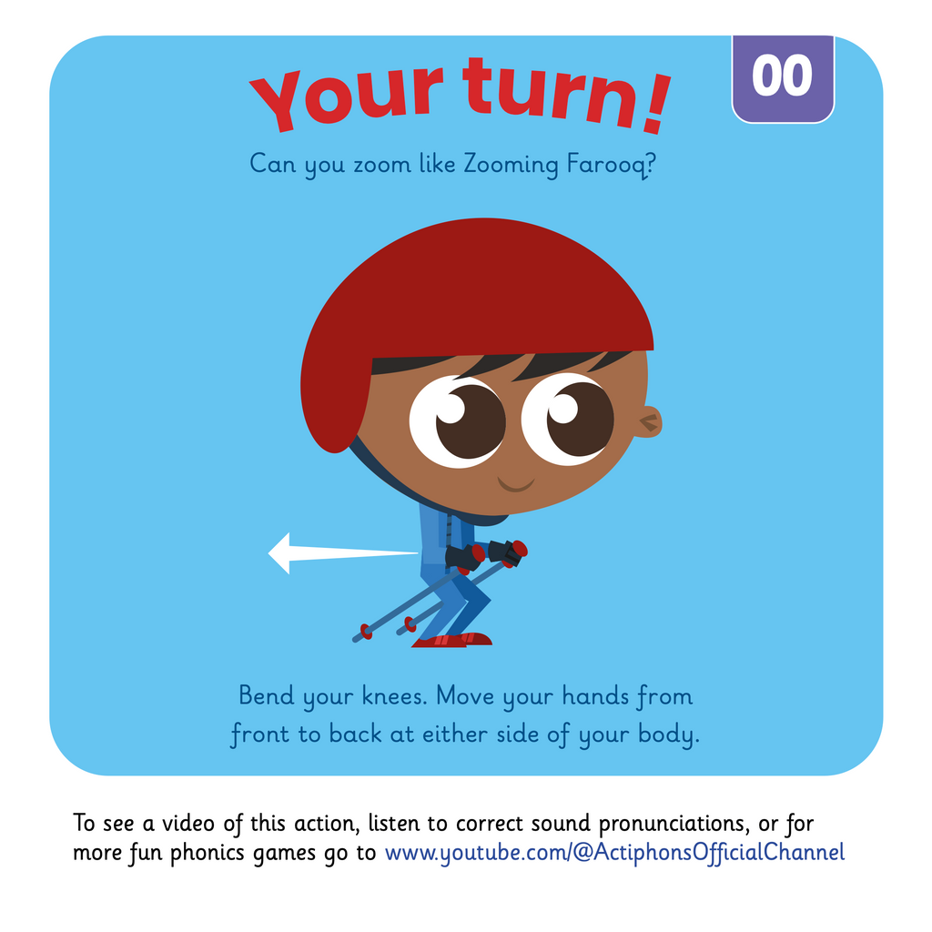 Learn phonics with Actiphons Zooming Farooq  'oo' sound reading book Your Turn page showing children how bend your knees, moving your hands back and forwards at either side of your body like Zooming Farooq