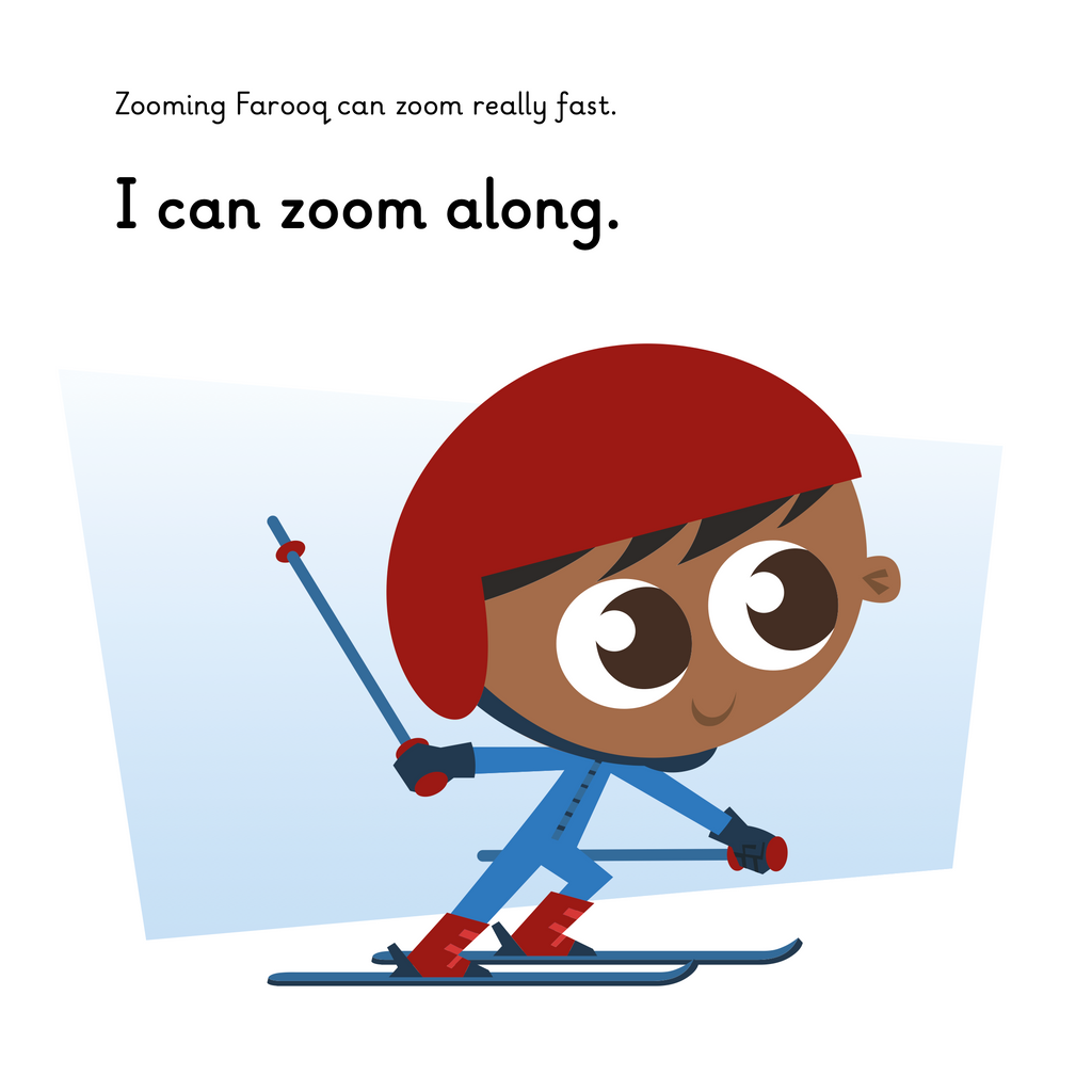 Learn phonics with Actiphons Zooming Farooq reading book page 1 Zooming Farooq is wearing his blue ski outfit, has his blue skies on and is wearing his red helmet zooming along the snow