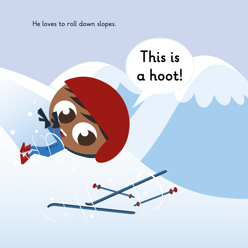 Learn phonics with Actiphons Zooming Farooq reading book page 2 Zooming Farooq has come off his skies and is falling down the ski slope