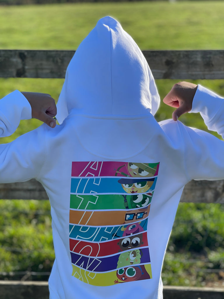 Actiphons white hoodie with large colourful printed character design on the back 
