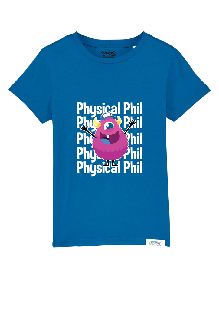 Physical Phil Royal Blue 100% Organic T-Shirt  with labels