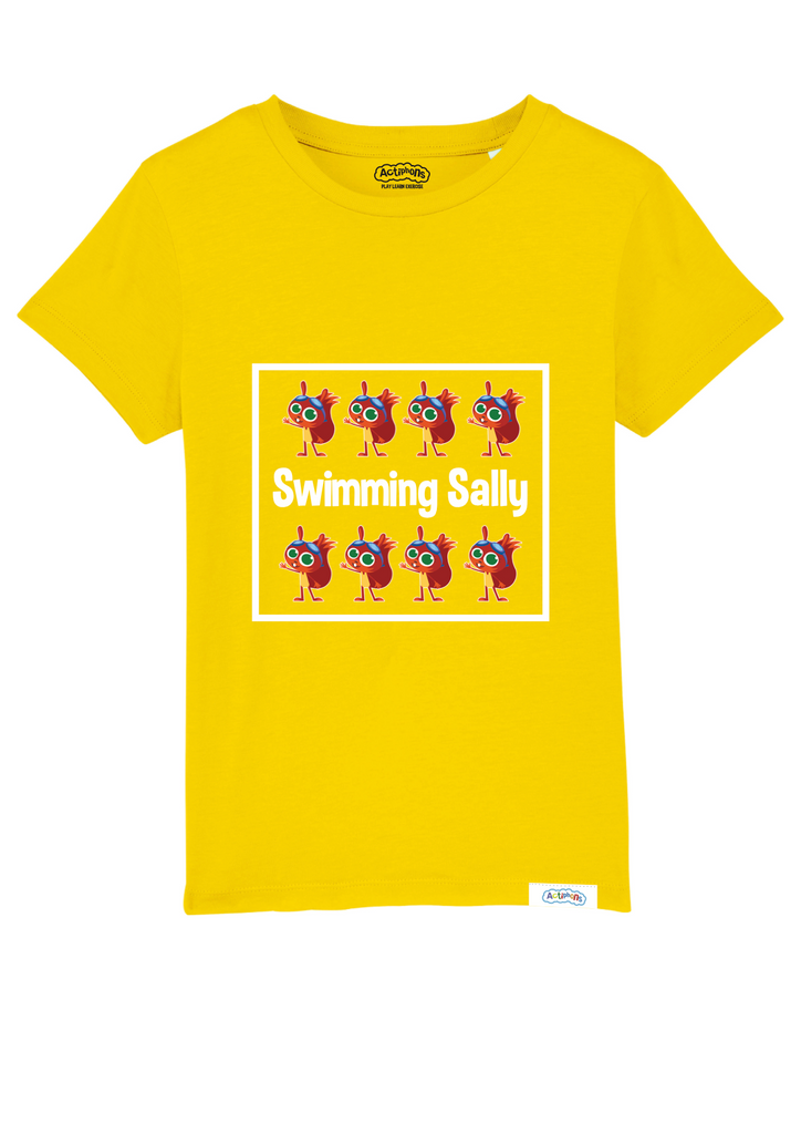 Swimming Sally Golden Yellow 100% Organic T-Shirt with labels