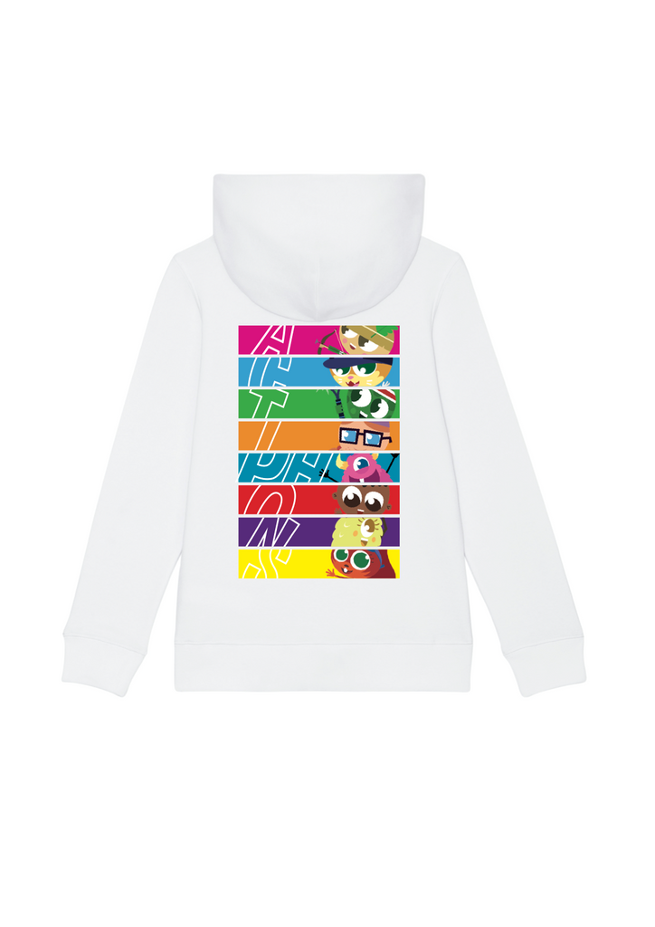 Actiphons white hoodie with large colourful printed character design on the back 