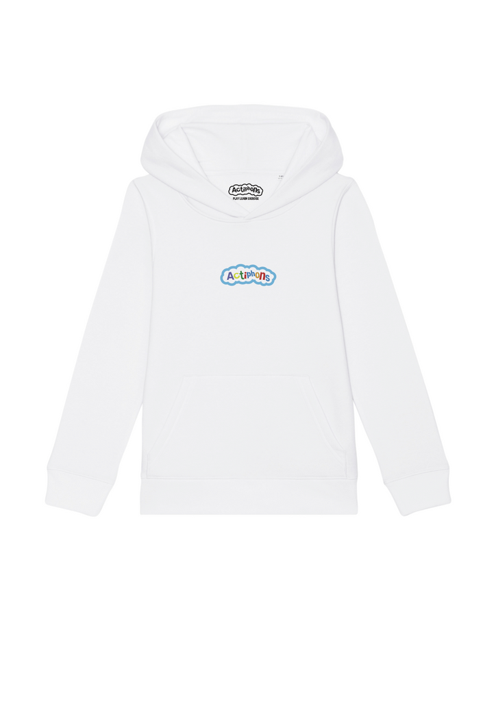 Actiphons White Hoodie with front chest logo and black printed neck label